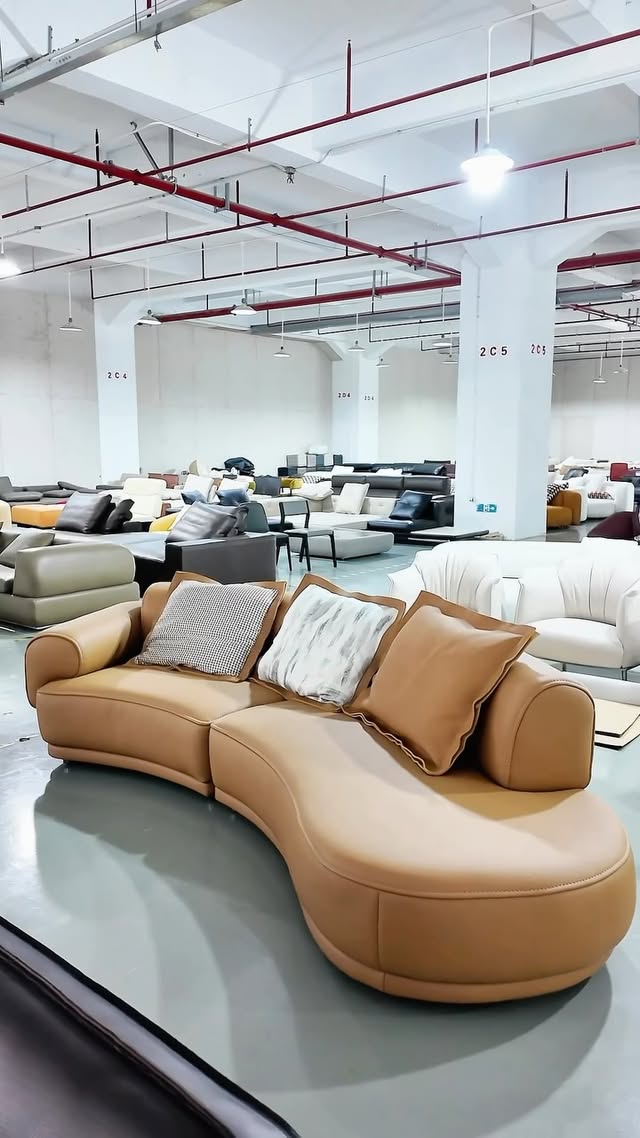 Camel Curved Leather Sofa